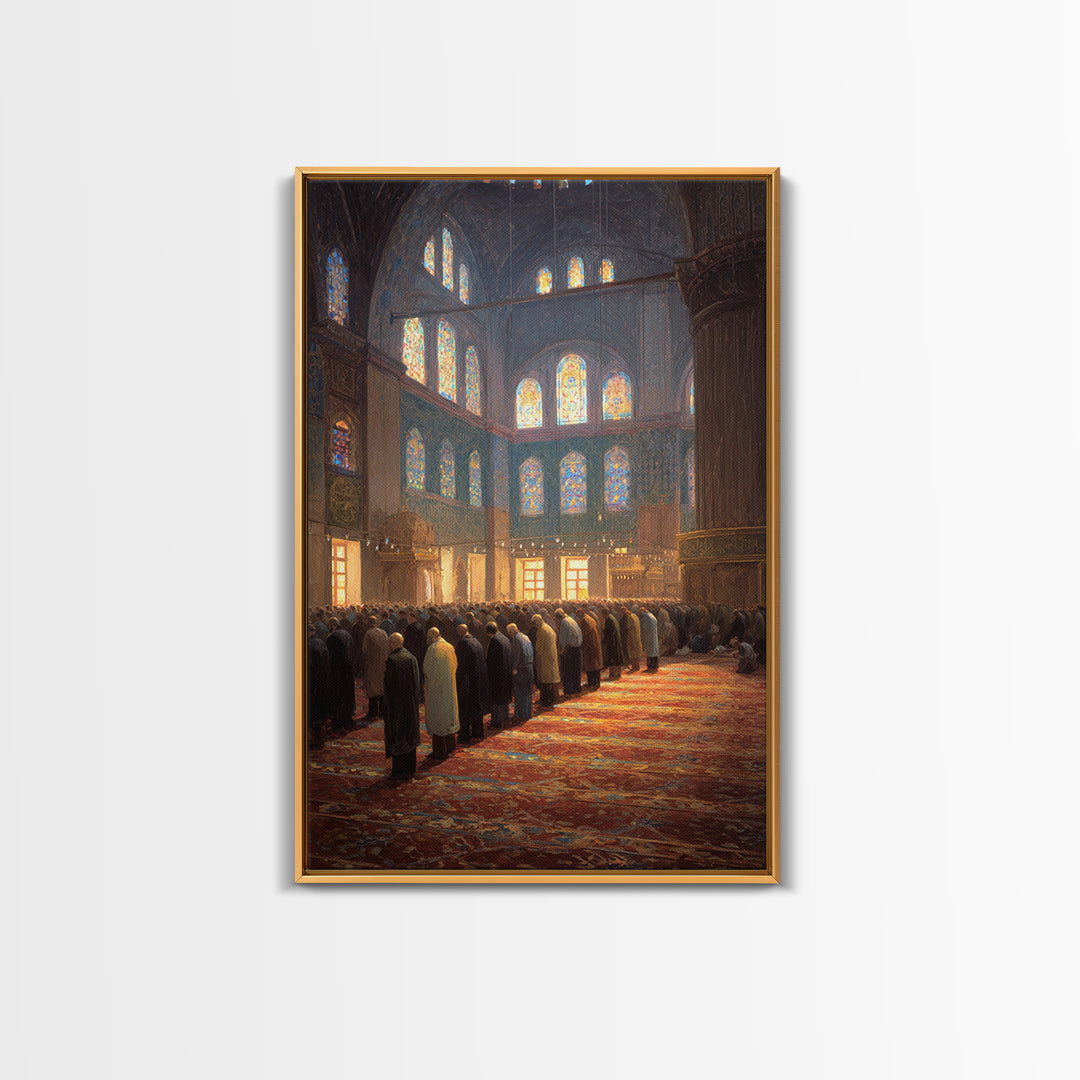 Crowded Mosque Worshippers Prayer Scene Religious Painting Wall Art Canvas Print For Home