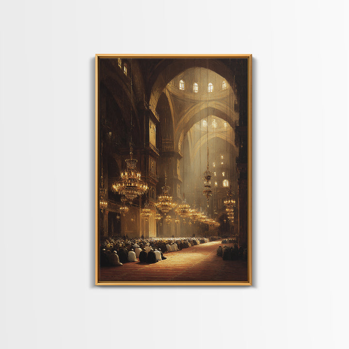Majestic Mosque Interior With Warm Golden Light And Praying Crowd Religious Wall Art Perfect Home Decor