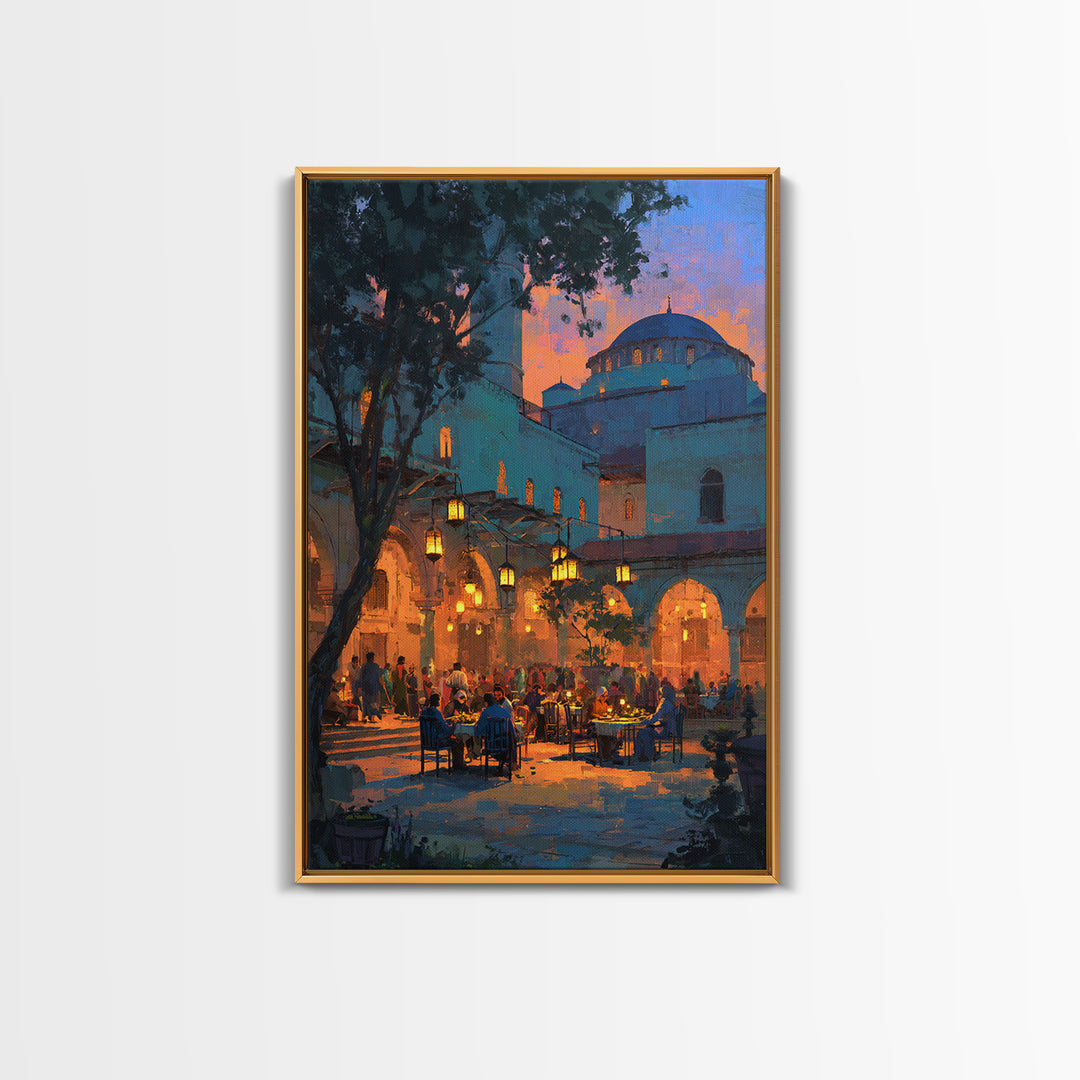 Serene Evening Mosque Courtyard With Warm Light And People Digital Painting Canvas Print For Cultural And Cozy Wall Decor