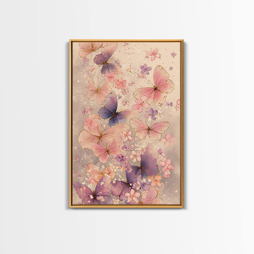 Pink And Purple Butterflies With Tiny Blossoms Framed Canvas Print, Feminine Wall Art, Butterfly Art Print, Nursery Decor