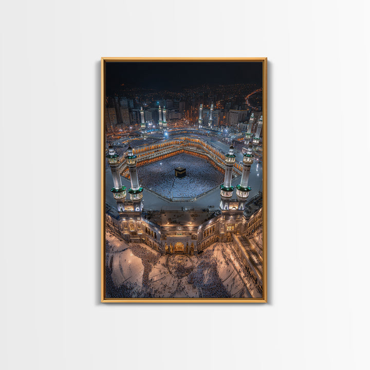 Aerial Nighttime View Of Mecca Holy Mosque And Kaaba Islamic Spiritual Artwork Large Wall Art Framed Canvas Print For Home Decor