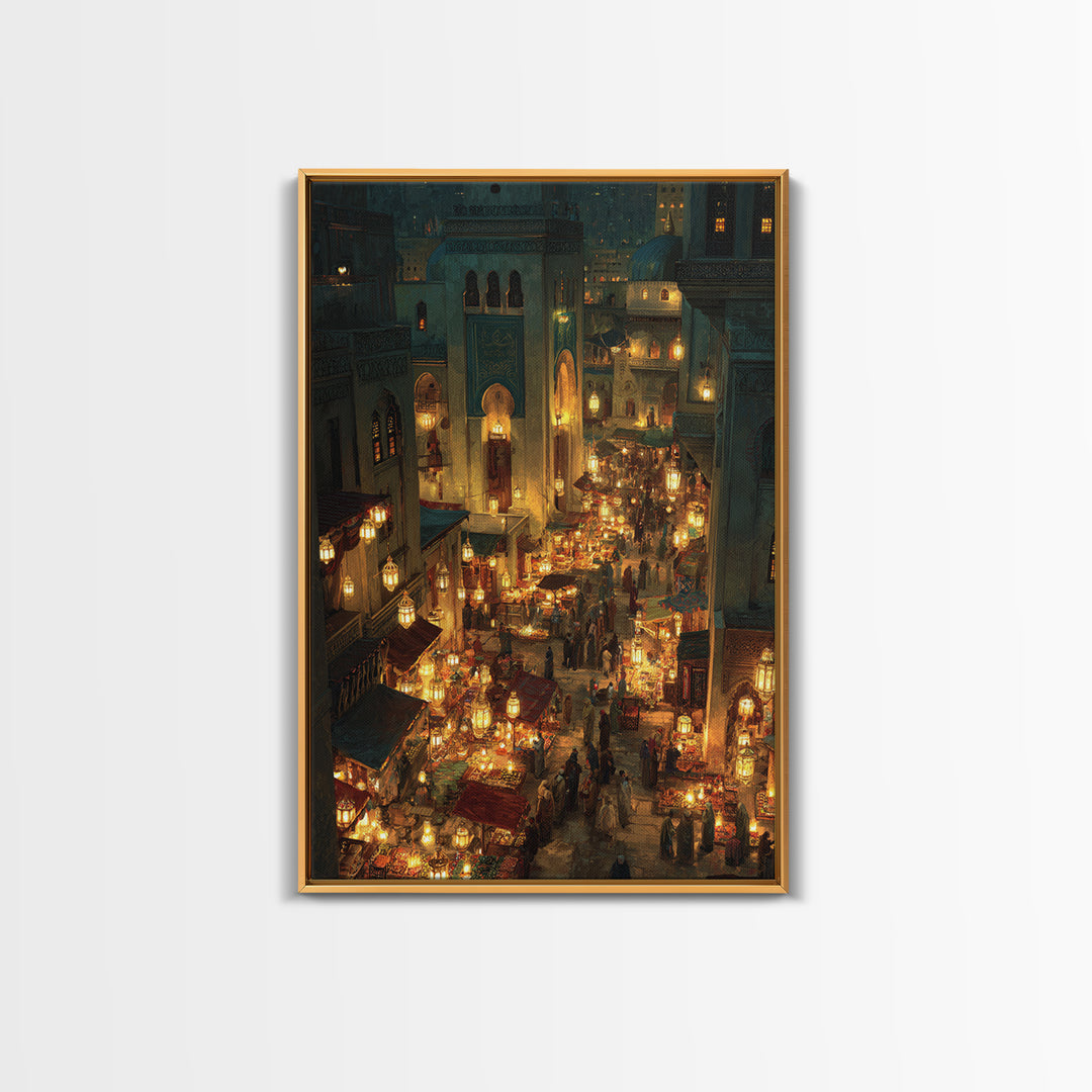 Bustling Middle Eastern Market At Night Glowing Lanterns Exotic Bazaar Wall Art Framed Canvas Print For Decor
