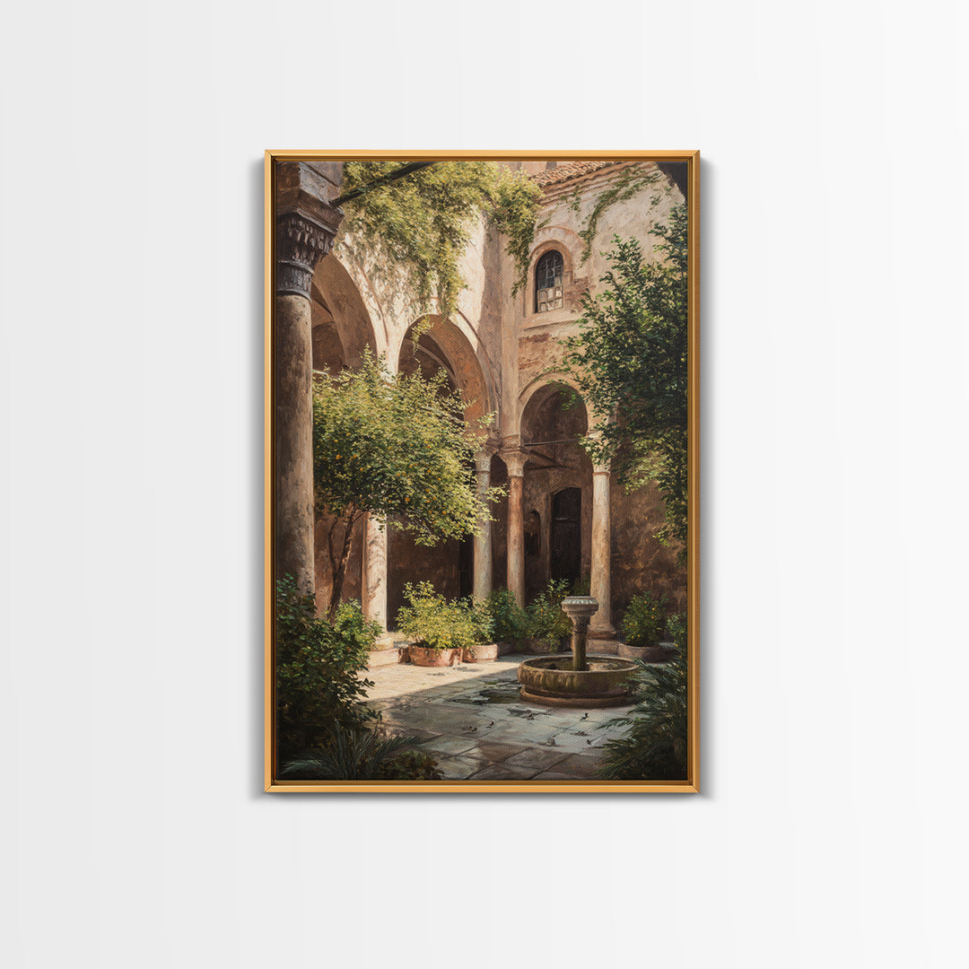 Sunlit Mediterranean Courtyard Garden Wall Art Framed Canvas Print For Rustic Home Decor