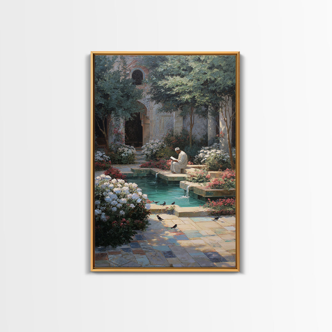 Serene Islamic Courtyard With Reflective Pool And Reading Man Oriental Framed Canvas Print Elegant Wall Art For Sophisticated Home