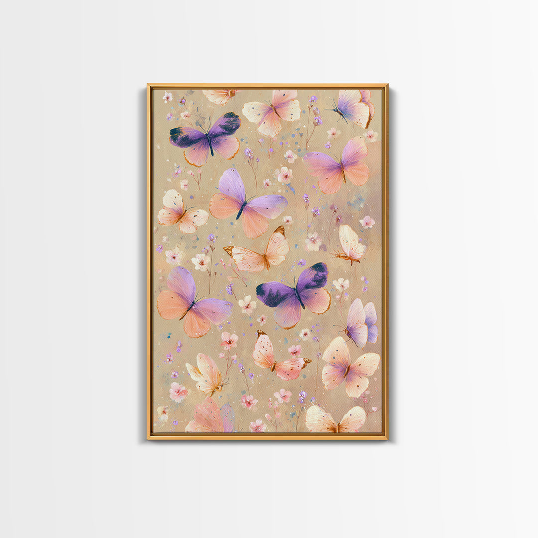 Pastel Butterflies And Wildflowers On Beige Canvas Print, Whimsical Wall Art, Girls Room Decor, Colorful Nursery Art Gift