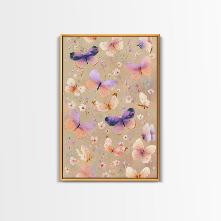Pastel Butterflies And Wildflowers On Beige Canvas Print, Whimsical Wall Art, Girls Room Decor, Colorful Nursery Art Gift