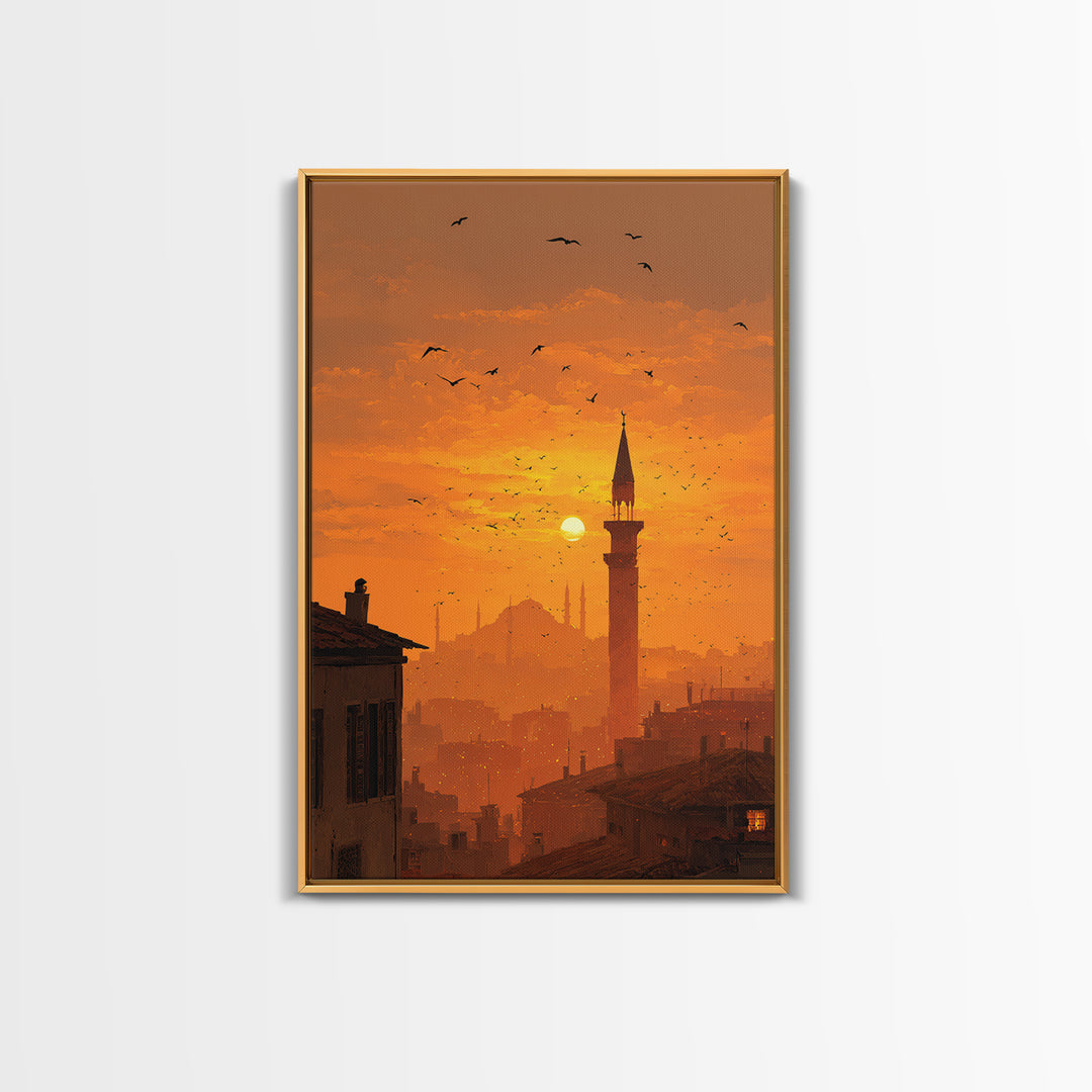 Golden Hour Sunset Over Cityscape With Birds Flying Wall Art Canvas Print For Warm Home Decor And Relaxing Living Room