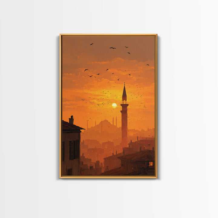 Golden Hour Sunset Over Cityscape With Birds Flying Wall Art Canvas Print For Warm Home Decor And Relaxing Living Room