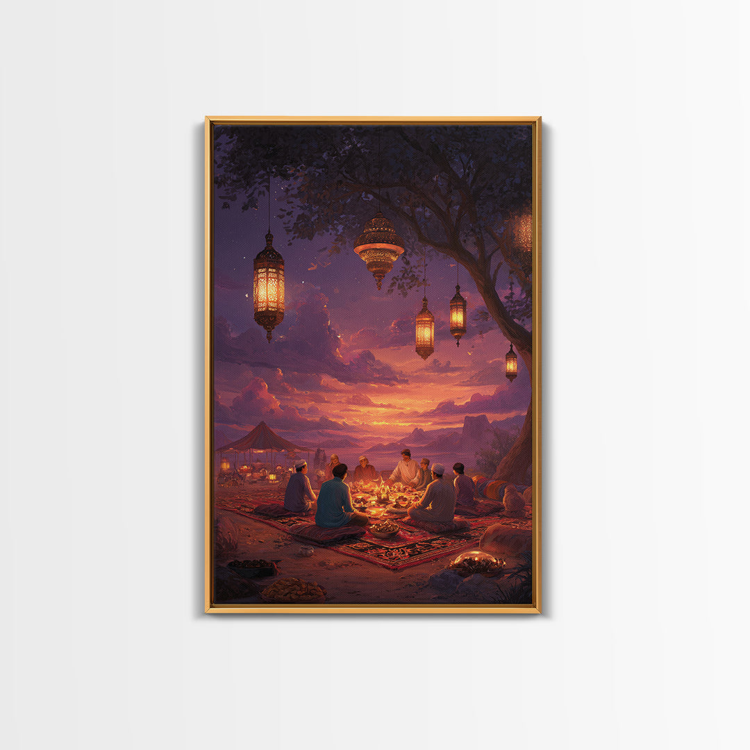 Illustrated Lanterns Night Scene Moroccan Style Wall Art Boho Home Decor Framed Canvas Print