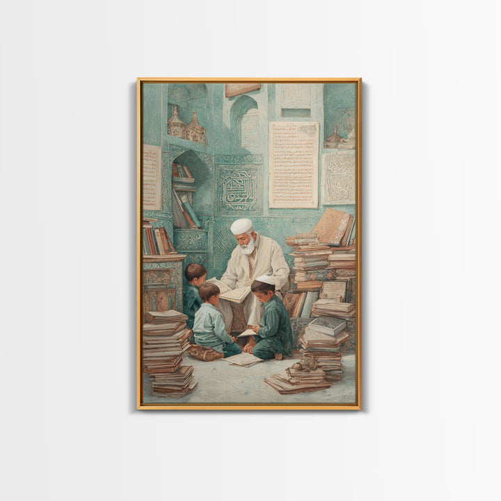 Traditional Islamic Learning Scene With Elderly Teacher And Students Wall Art Framed Canvas Print For Home Decor