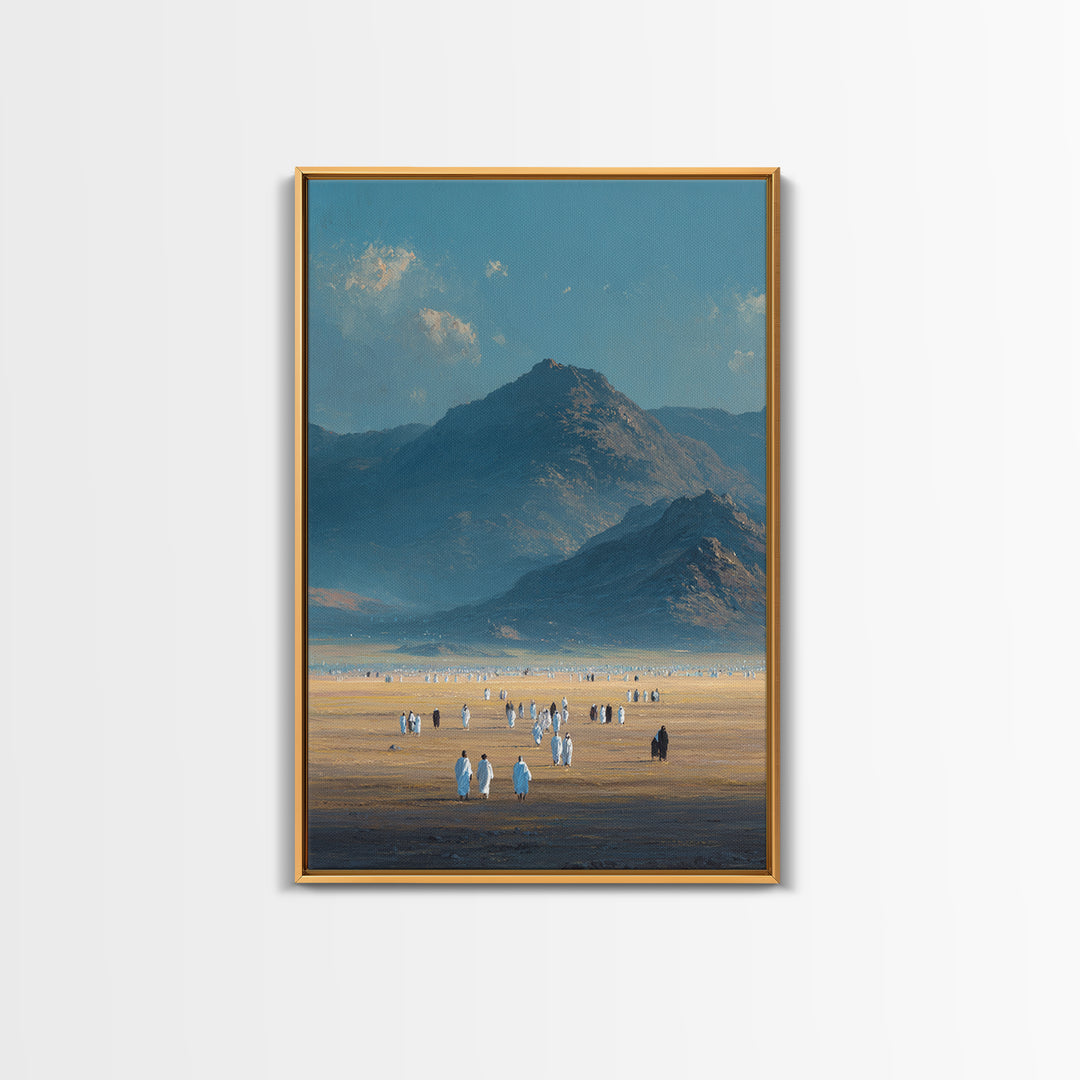 Expansive Desert Landscape With People Traveling Artistic Wall Art Framed Canvas Print For Minimalist Rustic Home Decor