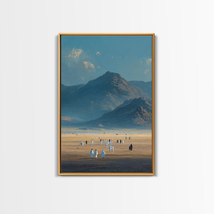Expansive Desert Landscape With People Traveling Artistic Wall Art Framed Canvas Print For Minimalist Rustic Home Decor