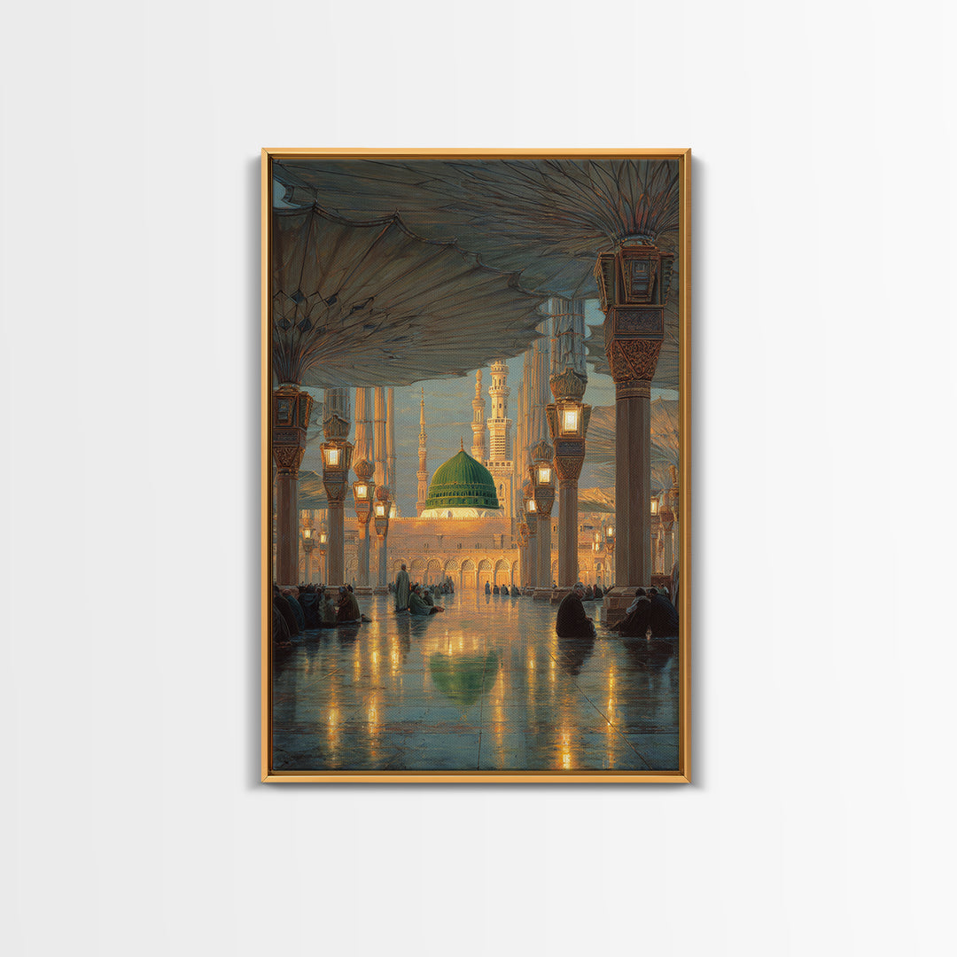 Historic Mosque Interior Painting With Ornate Architecture And Worshippers Canvas Print Wall Art For Spiritual Home Decor