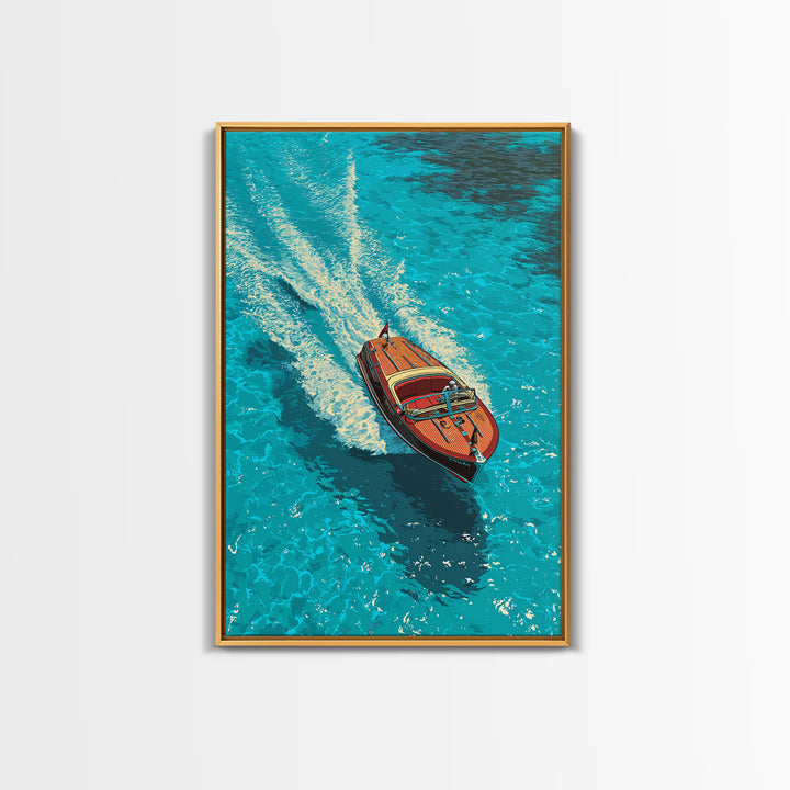 Classic Wooden Speedboat Zooming Through Deep Blue Water - Vibrant Canvas Print For Coastal Wall Art