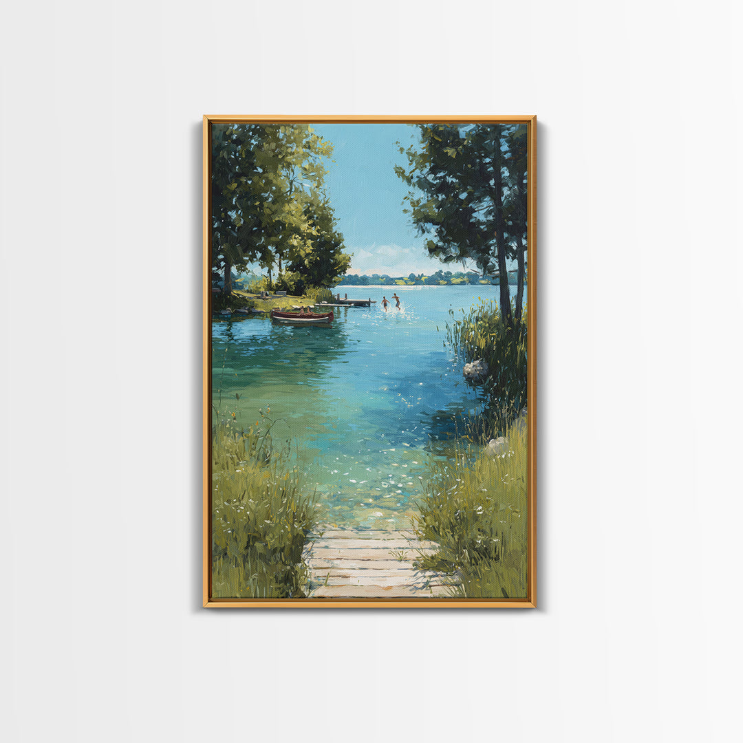 Peaceful Summer Lake Scene With Canoe And Children Splashing Wall Art Serene Landscape Framed Canvas Print Nature Decor