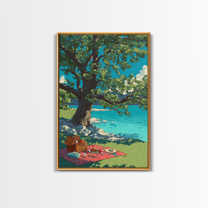 Peaceful Picnic Beside Lake With Oak Tree And Bright Blue Water Canvas Print Modern Wall Art For Living Room