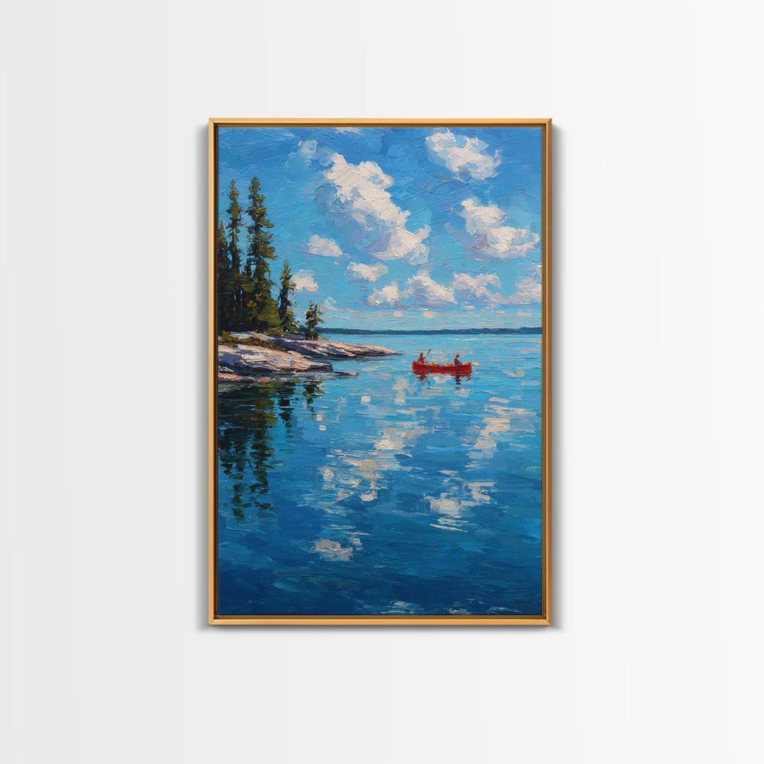 Pristine Lake Scene With Canoe And Pine Trees Under Blue Sky Captured In Classic Impasto Oil Painting