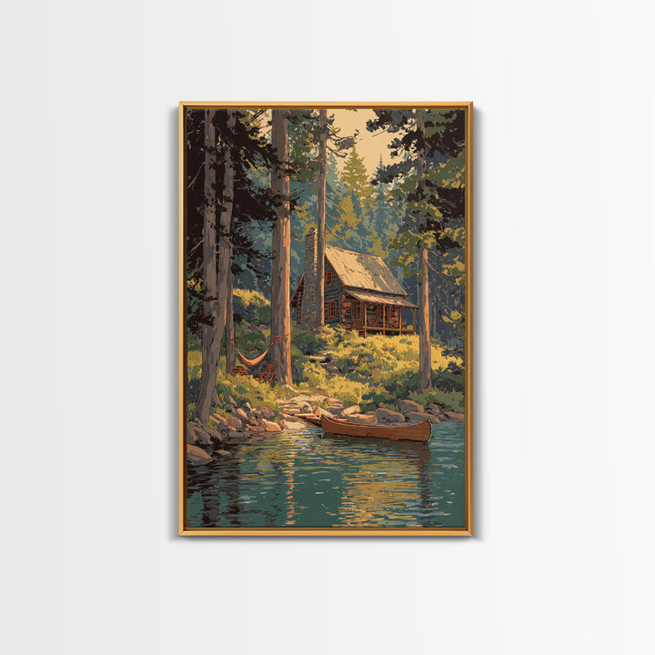 Cozy Log Cabin In Forest Landscape Painting Wall Art Boho Rustic Canvas Print For Cabin And Farmhouse Home Decor