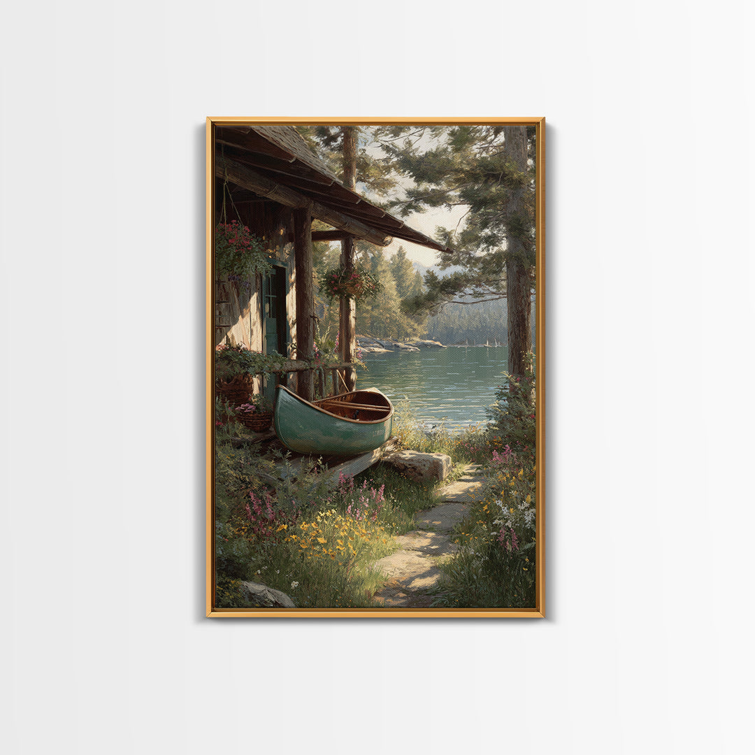 Peaceful Lakeside Cabin With Canoe Surrounded By Wildflowers Wall Art Framed Canvas Print For Rustic Home Decor