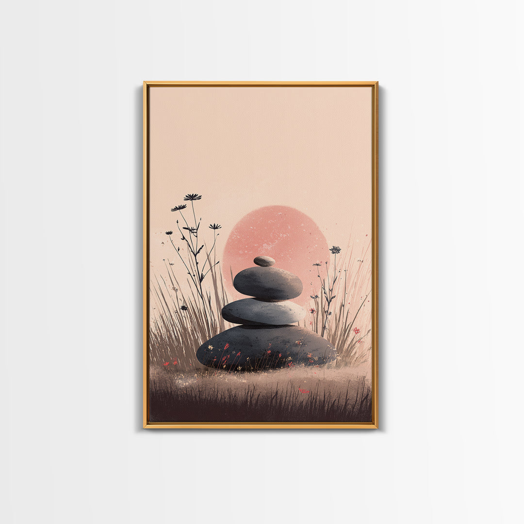 Stacked Zen Stones In Blush Grass Framed Canvas Print, Meditation Wall Art, Spa Wall Decor, Calming Minimalist Art, Peaceful Home Decor