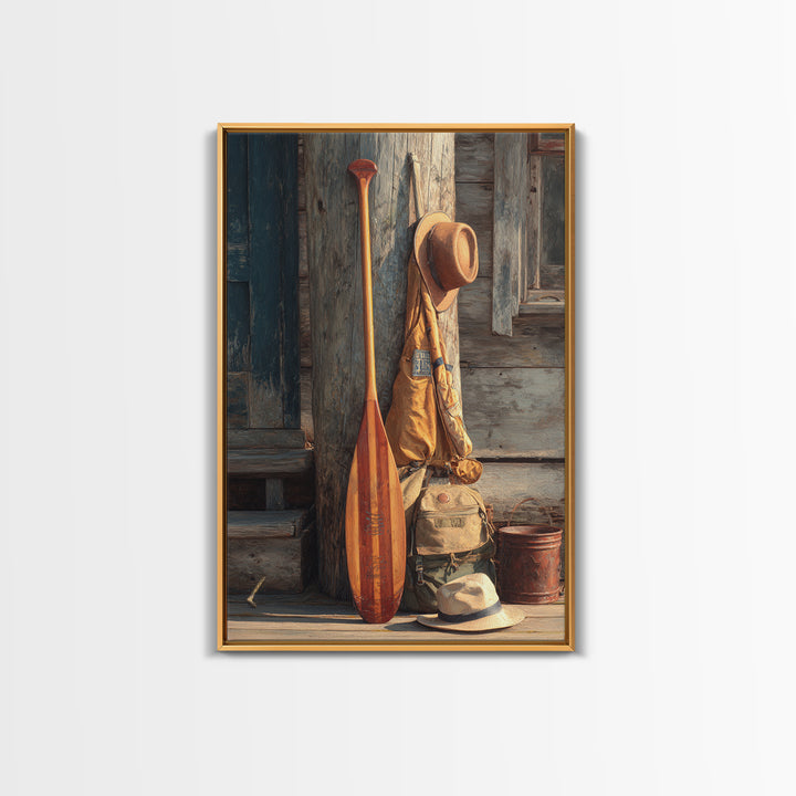 Rustic Outdoorsy Still Life With Wood Paddle, Hiking Gear, And Hats Vintage Style Canvas Print For Cabin