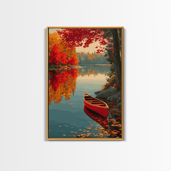 Red Autumn Maple Trees By Calm Lake With Canoe Scenic Painting Wall Art Framed Canvas Print For Home