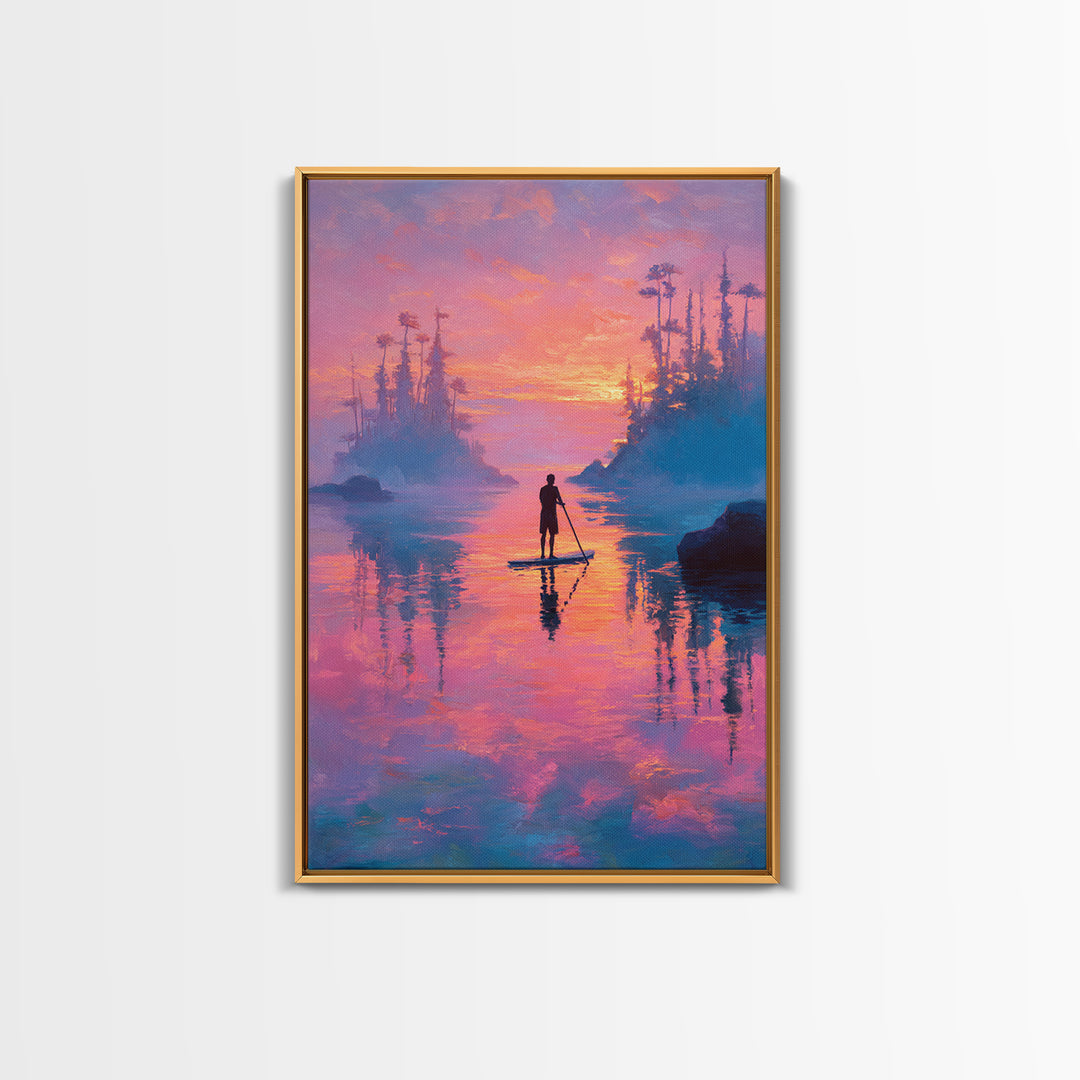 Sunset Paddleboarder On Calm Water Pink And Purple Sky Landscape Wall Art Canvas Print For Tranquil Bedroom And Living Room