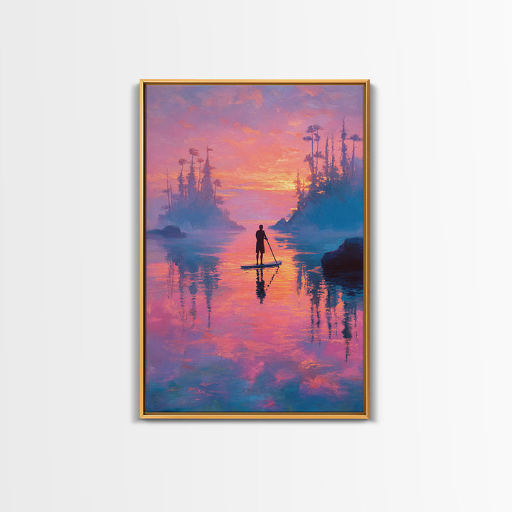 Sunset Paddleboarder On Calm Water Pink And Purple Sky Landscape Wall Art Canvas Print For Tranquil Bedroom And Living Room