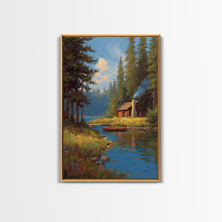 Cozy Cabin By Peaceful River Landscape Painting Canvas Print Natural Wall Art Decor Framed Canvas Print