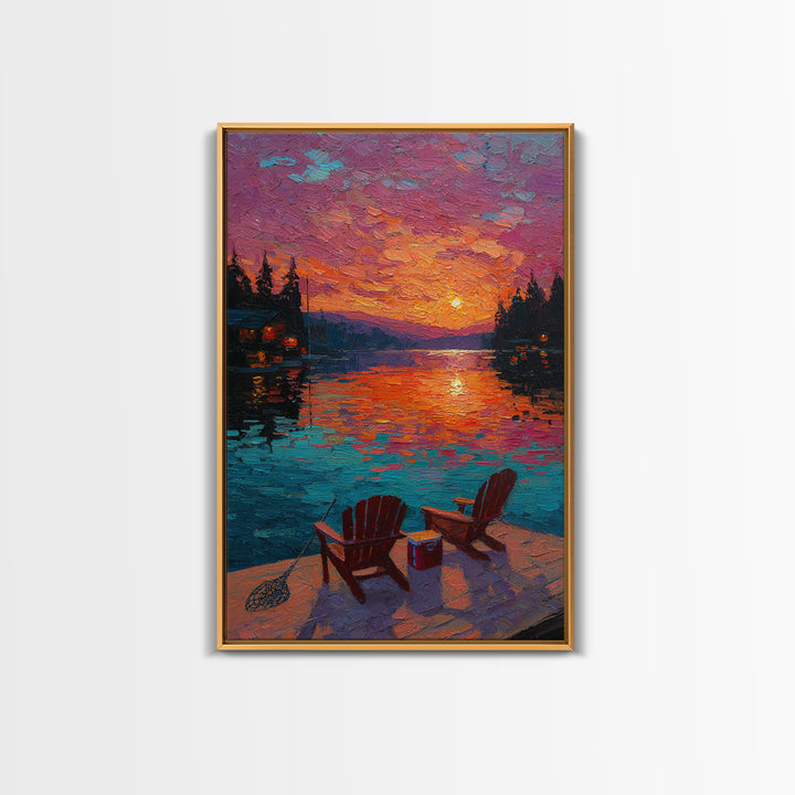 Vibrant Oil Painting Sunset Over Water With Adirondack Chairs And Cooler - Canvas Print For Cozy Wall Art And Relaxing Outdoor Home Decor