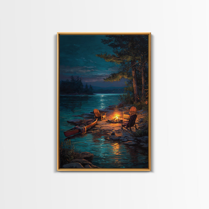 Peaceful Lakeside Campfire Scene Painting Wall Art Featuring Canoe And Adirondack Chairs Perfect For Cozy Living Room Decor