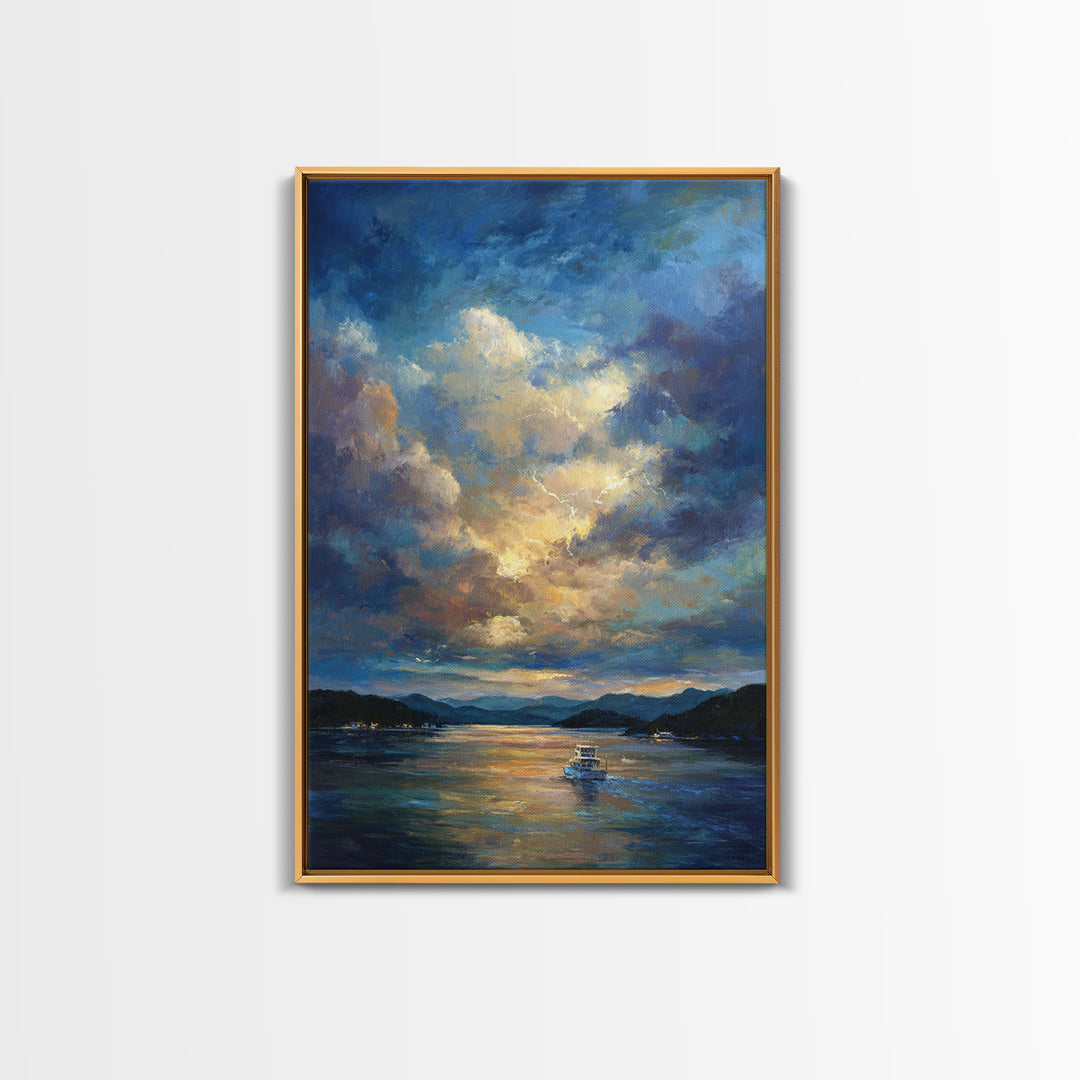 Sunlit Fishing Boat On Tranquil Lake Surrounded By Mountains Sunset Landscape Painting Wall Art Canvas Print
