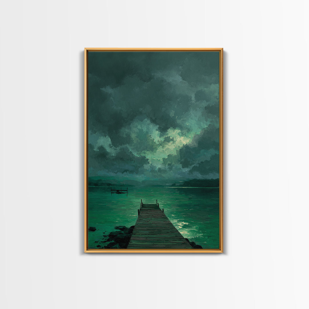 Moody Dock On Lake Under Stormy Sky Green Tones Abstract Wall Art Canvas Print Home Decor