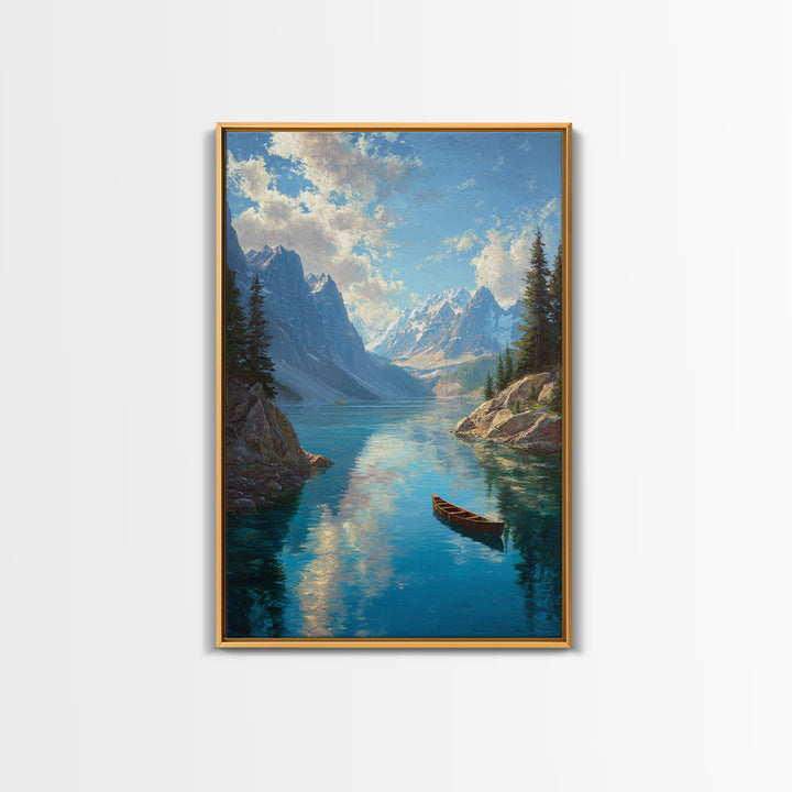 Majestic Mountain Lake Landscape Painting With Canoe In Foreground Vibrant And Serene Nature Scene Wall Art Print For Rustic Living Room Decor Canvas Print