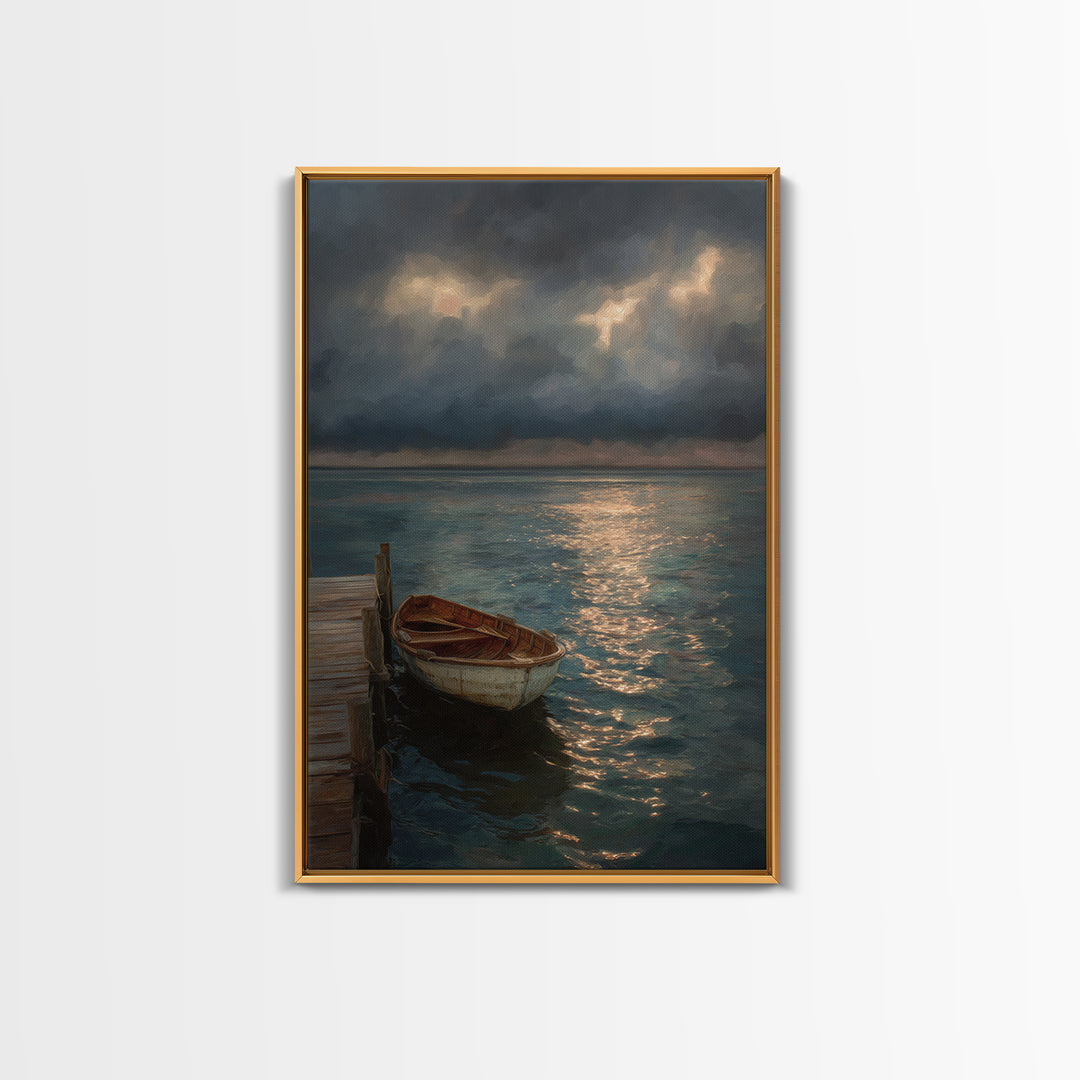 Serene Boat At Dock Under Dramatic Cloudy Sky Sunset Seascape Canvas Print For Coastal Living Room Decor Wall Art