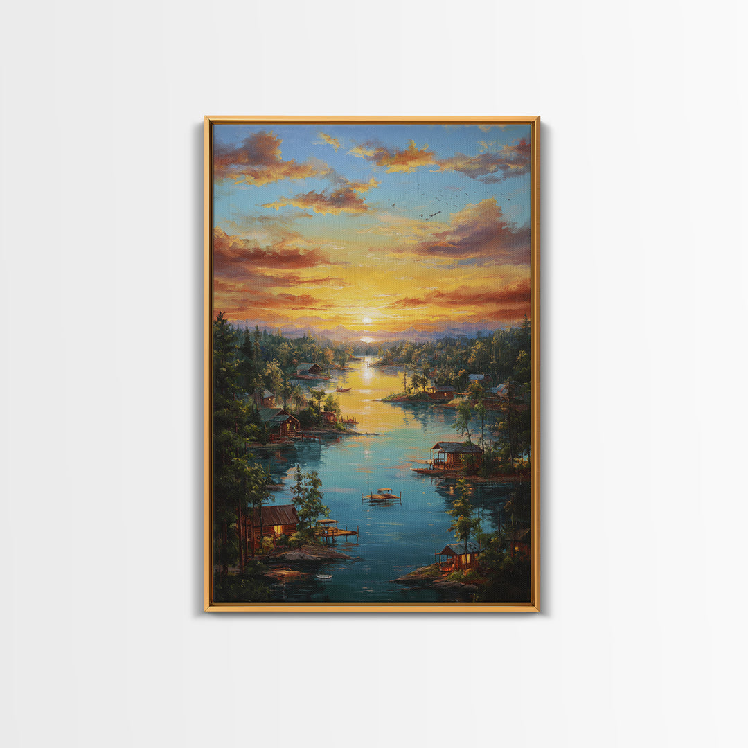 Peaceful Lakeside Village At Sunset Landscape Painting Framed Canvas Print Tranquil Wall Art For Rustic And Cozy Home Decor