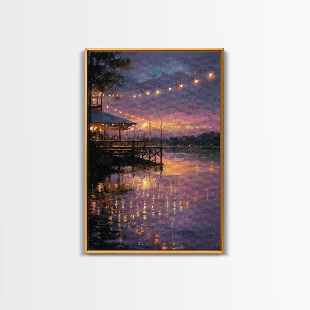 Sunset Pier Scene With Soft Glow And String Lights Romantic Evening Canvas Print Wall Art For Dining Room Living Room And Home Decor