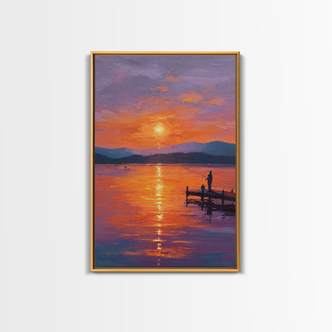 Peaceful Sunset Fishing Oil Painting Wall Art Framed Canvas Print For Living Room Decor And Rustic Home