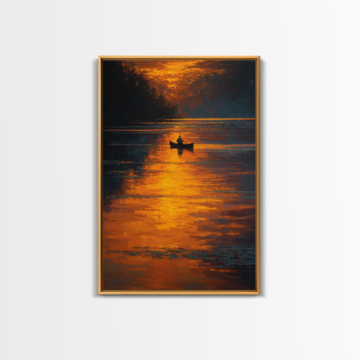 Serene Sunset Landscape With Boat On Calm Lake Oil Painting Canvas Print For Cozy Living Room Decor And Nature Wall Art