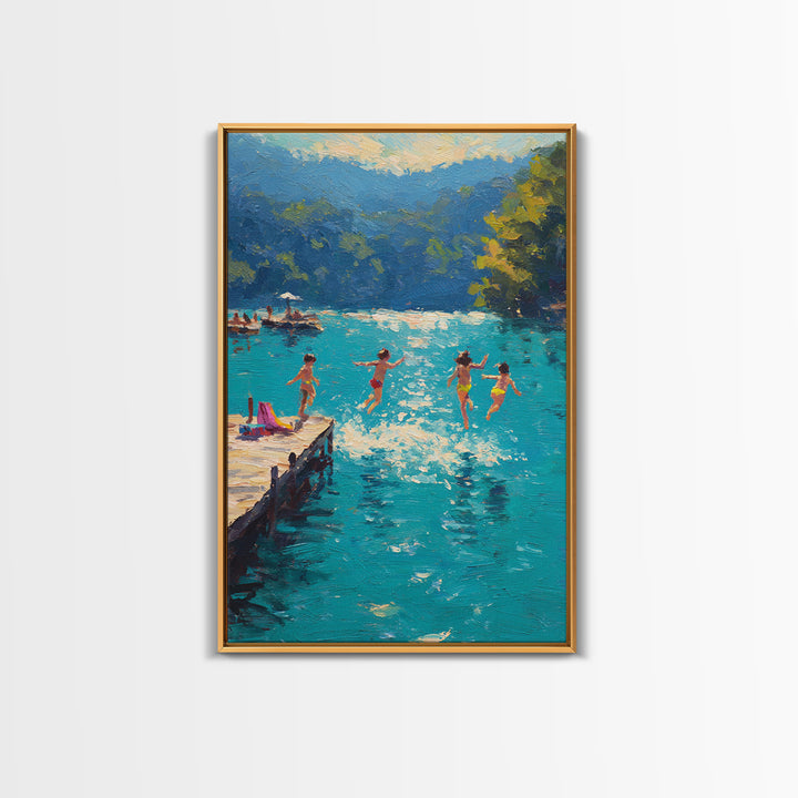 Children Jumping Into A Lake Summer Scene Painting Fine Art Canvas Print Relaxing Wall Art Decor