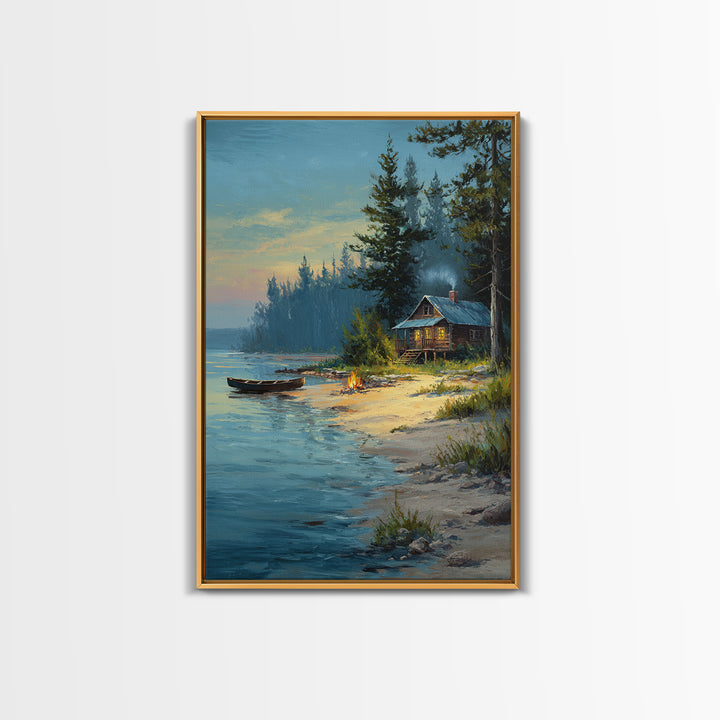 Peaceful Lakeside Cabin Painting At Dusk With Campfire And Canoe Scenic Landscape Art Print For Rustic Home Decor Bedroom Wall Art Framed Canvas Print