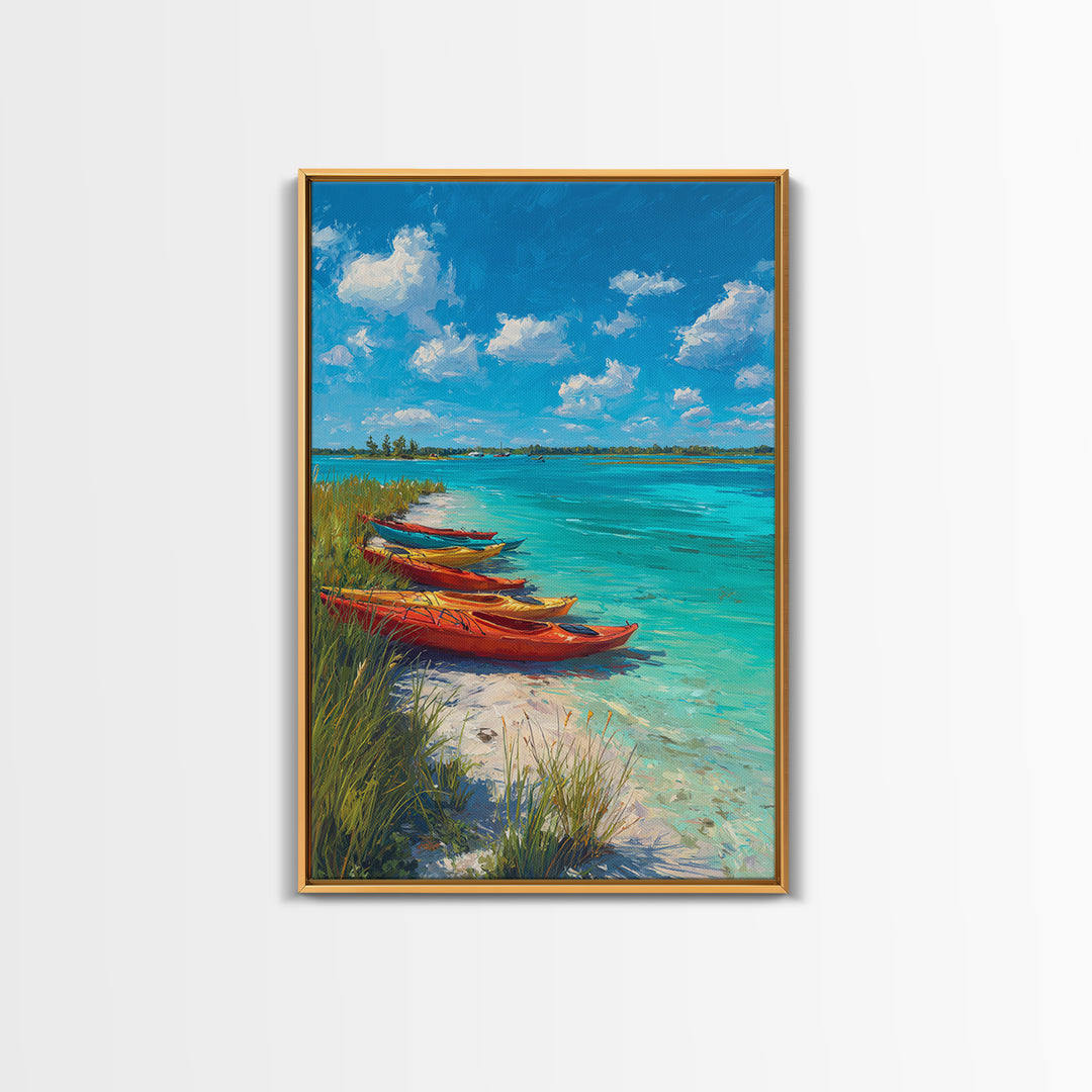 Bright Kayaks By Turquoise Water Under Blue Sky Canvas Print Large Coastal Wall Art For Living Room Decor