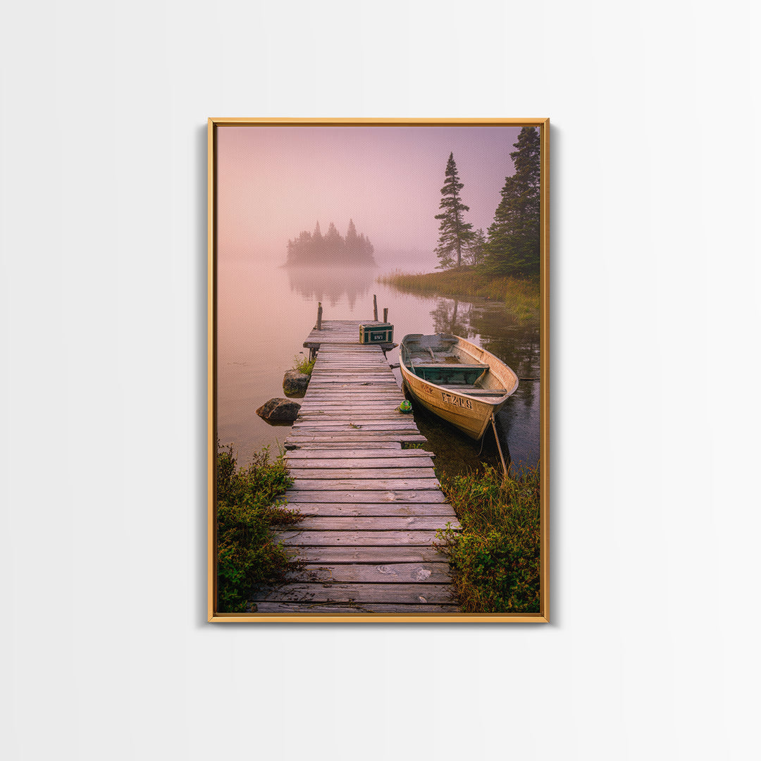 Peaceful Foggy Lake Morning With Wooden Dock Wall Art Canvas Print For Rustic Cabin And Home Decor