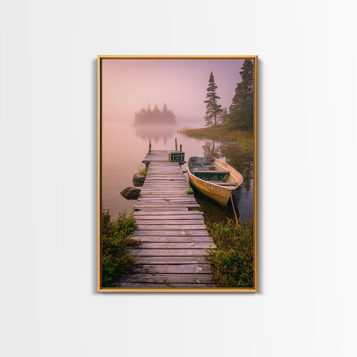 Peaceful Foggy Lake Morning With Wooden Dock Wall Art Canvas Print For Rustic Cabin And Home Decor