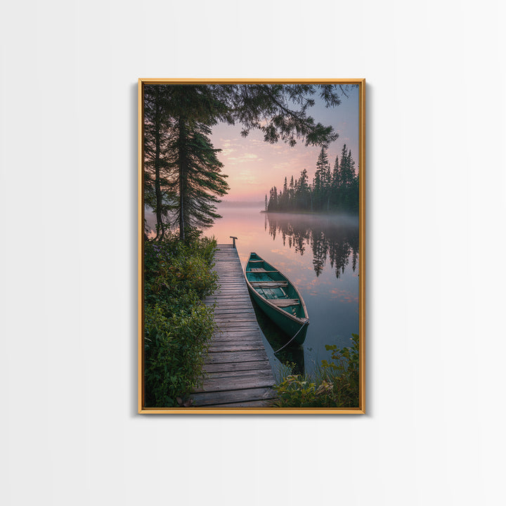 Serene Lake Dock With Canoe Landscape Wall Art Nature Photography Calm Framed Canvas Print