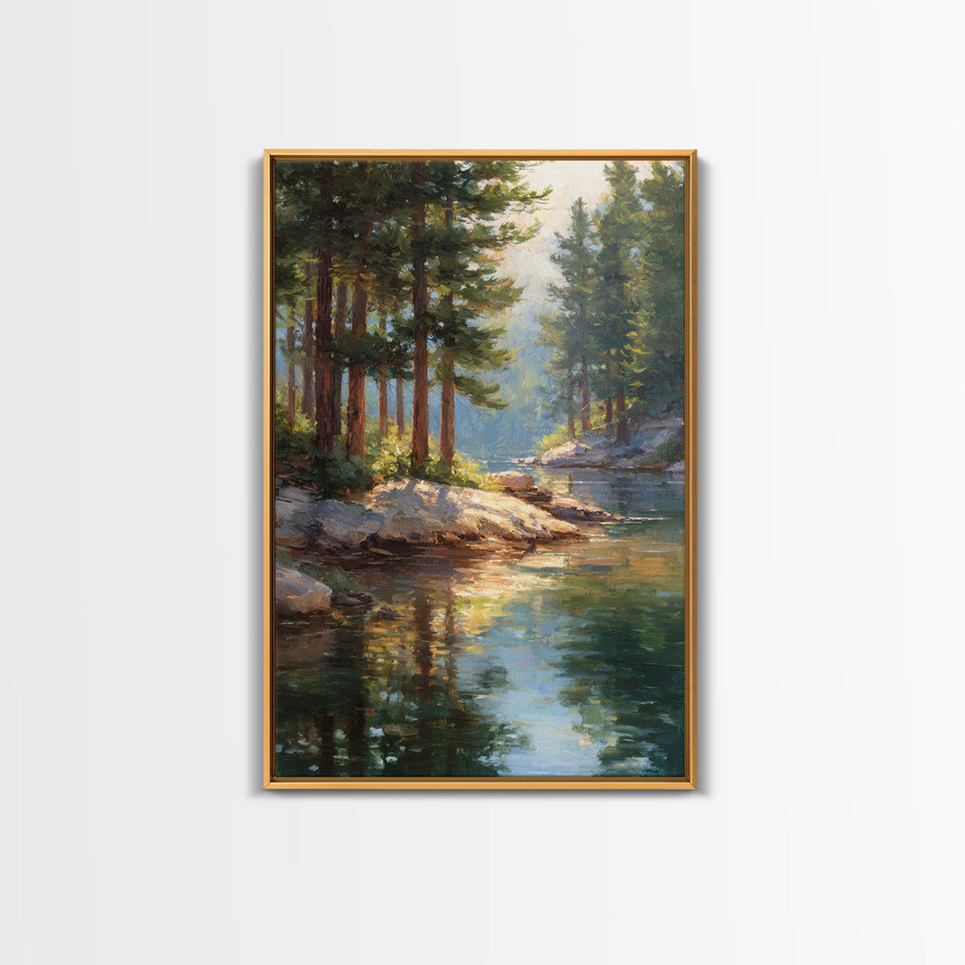 Serene Pine Forest Landscape With River Reflection In Oil Painting Medium Perfect Wall Art Canvas Print