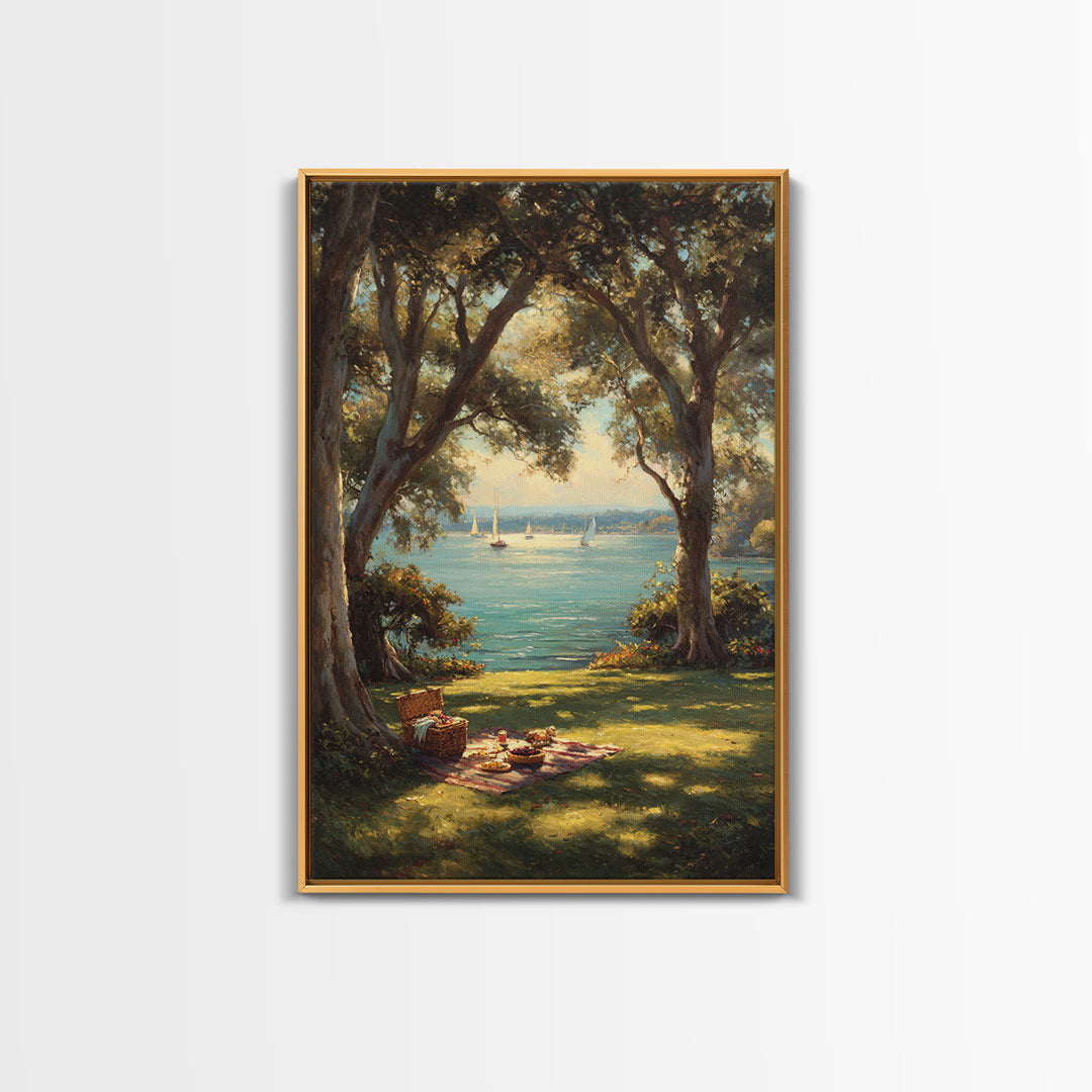 Peaceful Lakeside Picnic Painted Landscape Oil Painting Art Print Framed Canvas Print For Rustic Home Decor And Cabin Wall Art