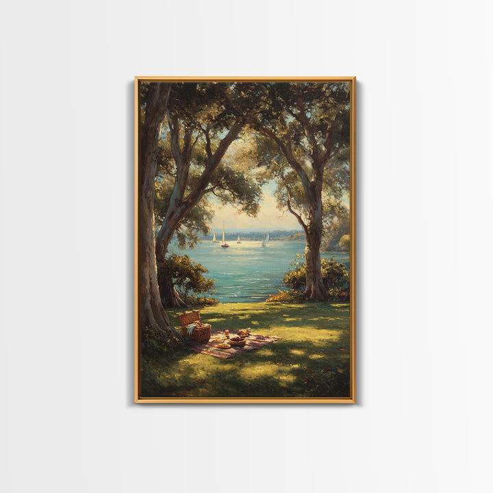 Peaceful Lakeside Picnic Painted Landscape Oil Painting Art Print Framed Canvas Print For Rustic Home Decor And Cabin Wall Art
