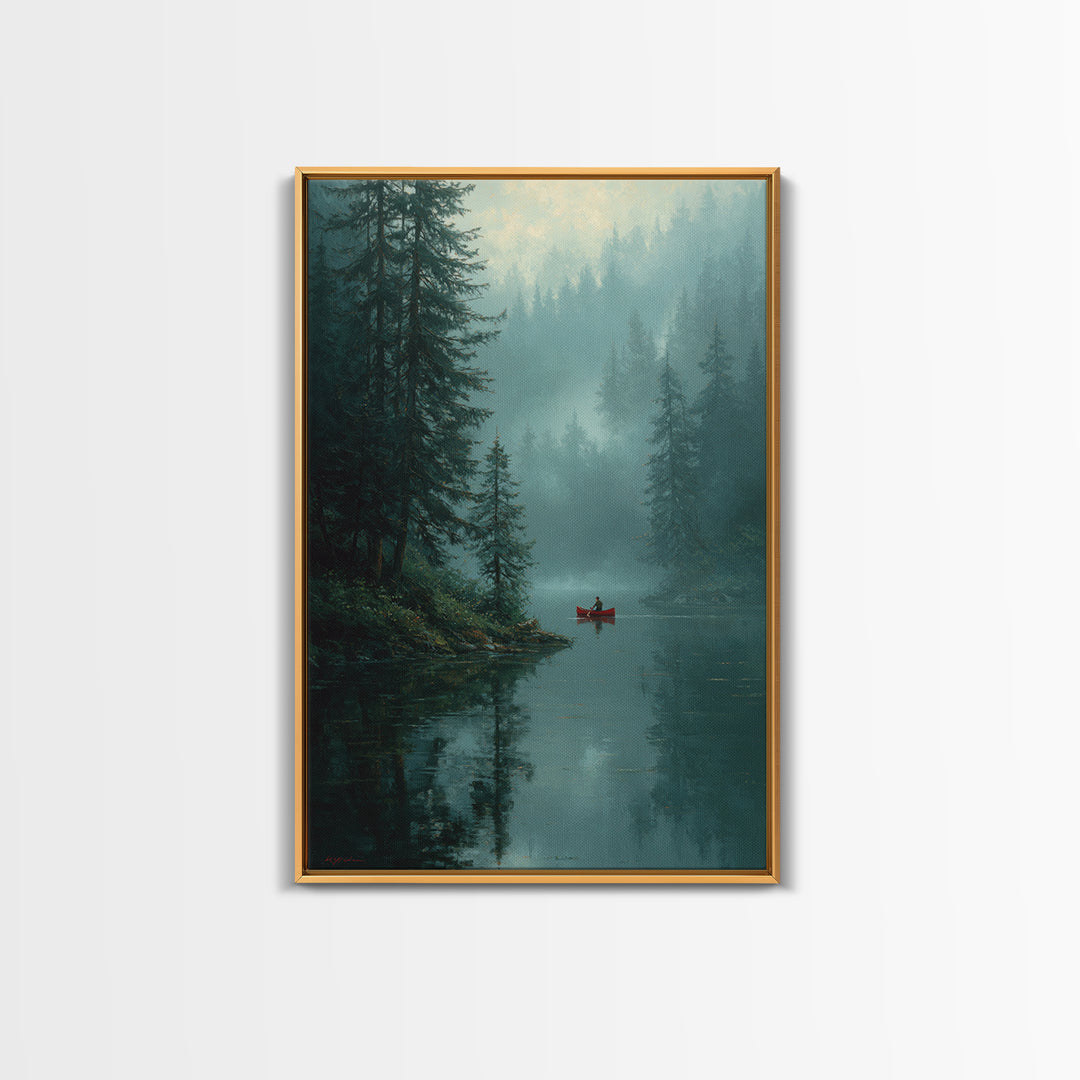 Serene Sunset Over Misty Lake Cabin With Orange Sky Wall Art Framed Canvas Print For Cozy Rustic Home And Bedroom Decor