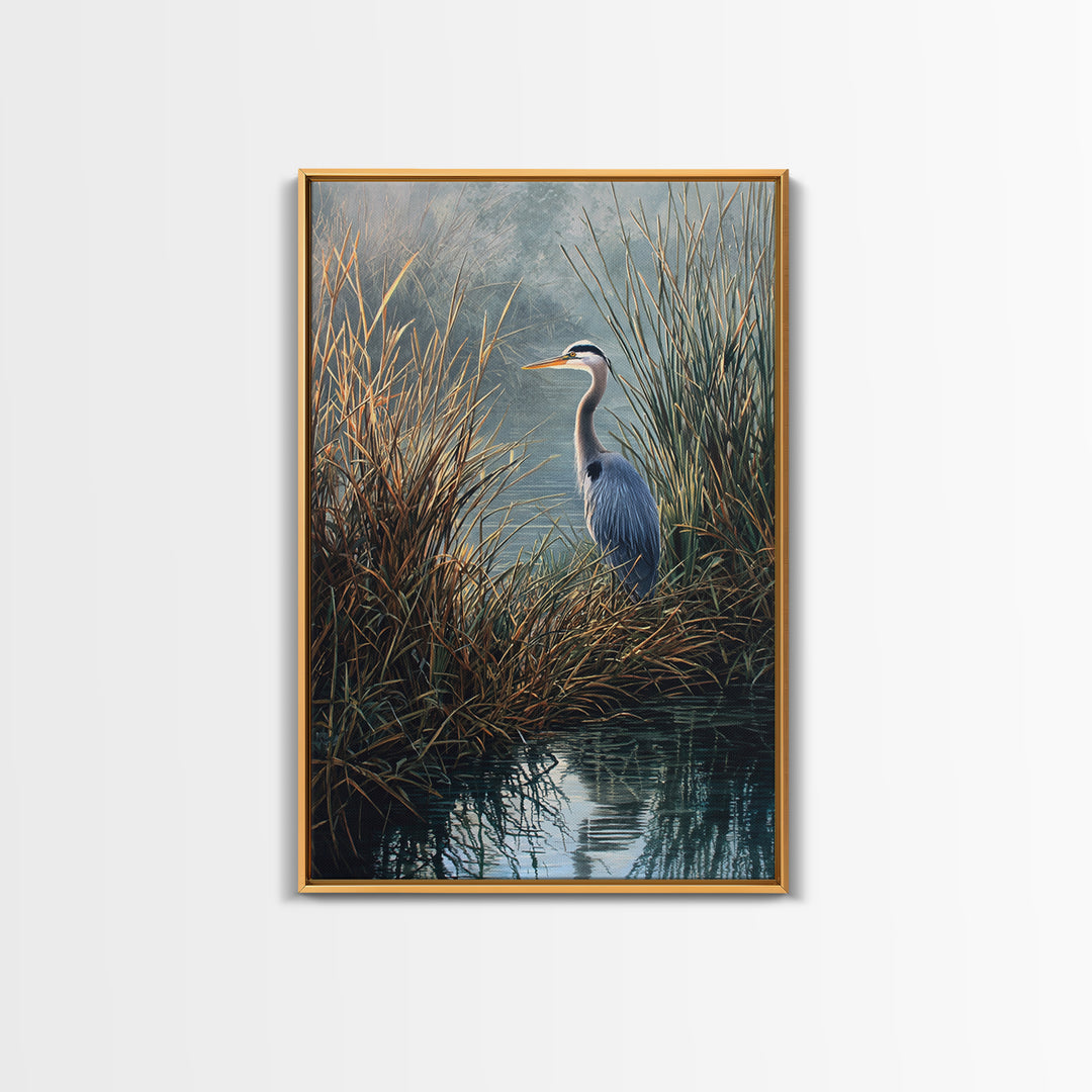 Realistic Blue Heron In Marshland Nature Scene Wall Art Fine Art Print Coastal Wall Decor Framed Canvas Print